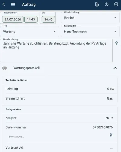Technische Daten im Wartungsprotokoll