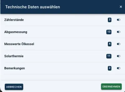 Auswahl der Datengruppen für technische Daten