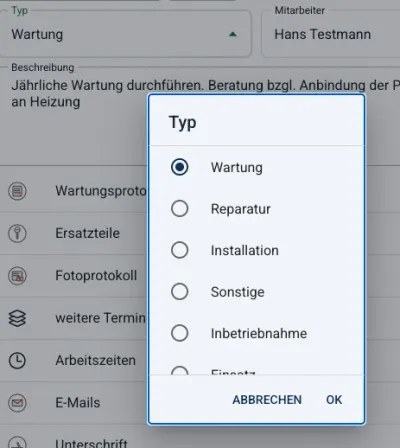 Auswahl der Auftragstypen in serviTherm